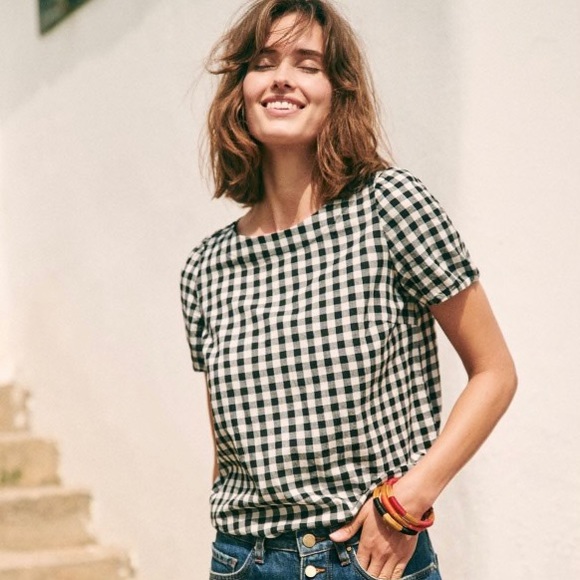 Sezane Tops - Sézane Octavie Gingham Boat Neck Button Detail Blouse Size 38